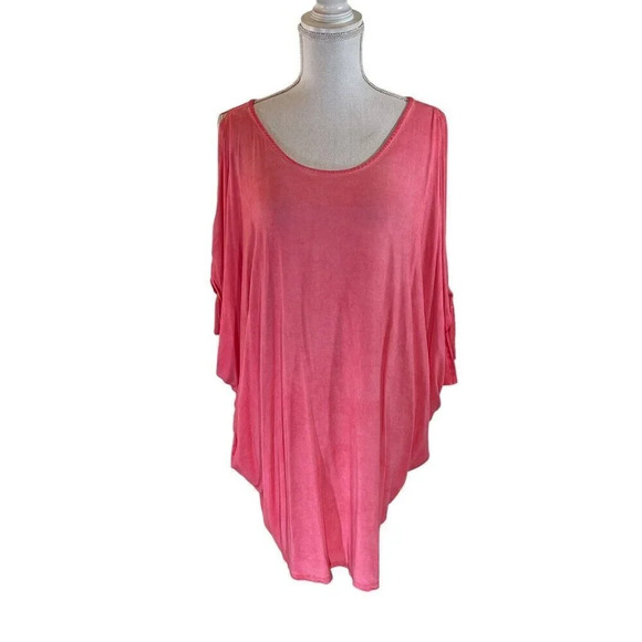 Umgee Pink Flowy Tunic Plus 2XL Short Sleeves With Ties Oversized Stretch Knit - Picture 1 of 6